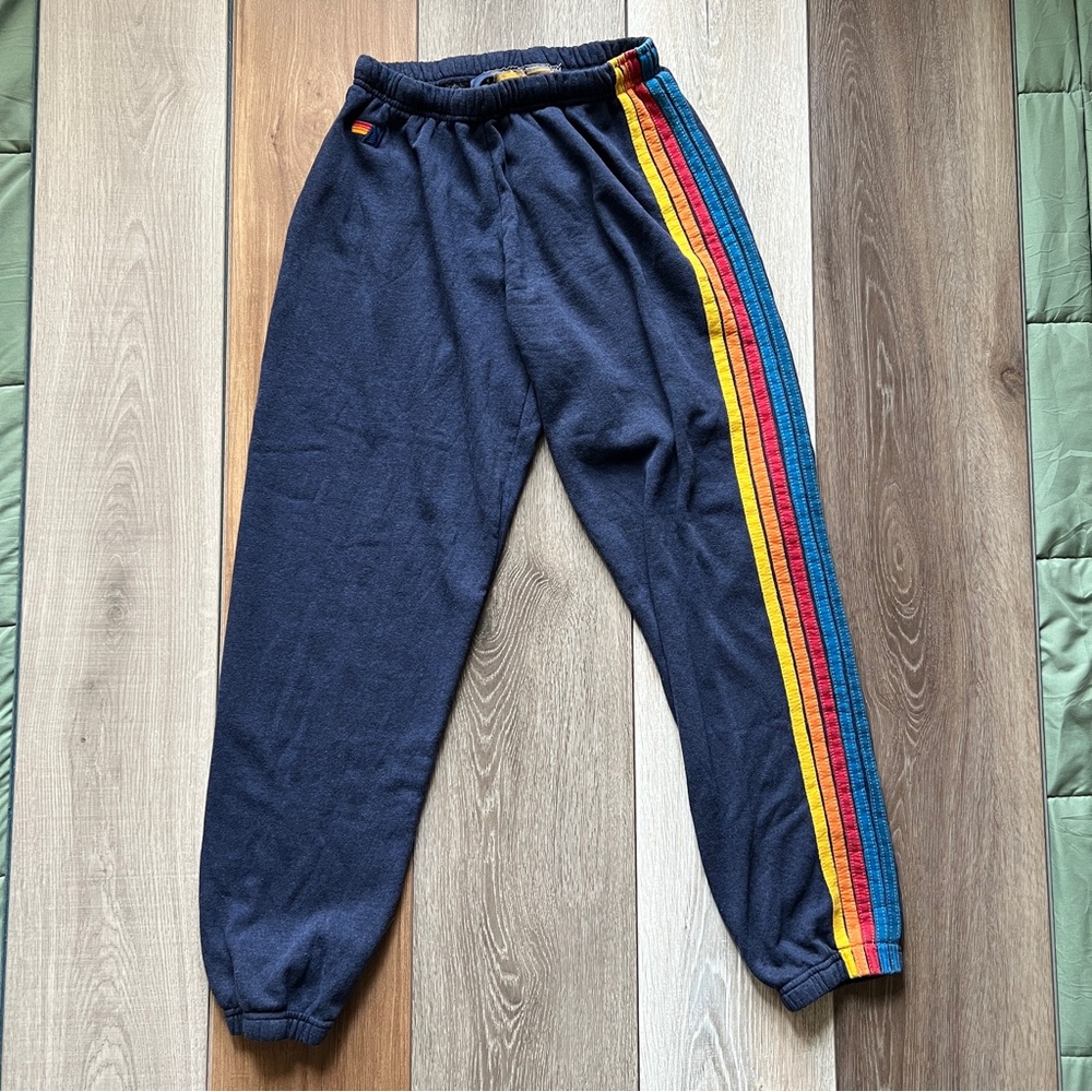 Aviator Nation Navy Sweatpants with Rainbow Stripes